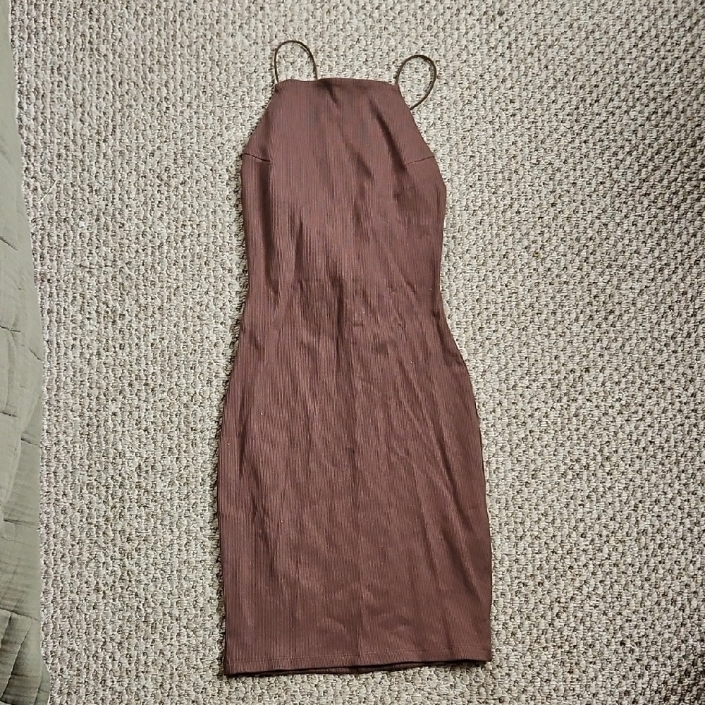 Nwt H&m Divided Fitted Bodycon High Neck Strappy Ribbed Mini Dress Brown Small